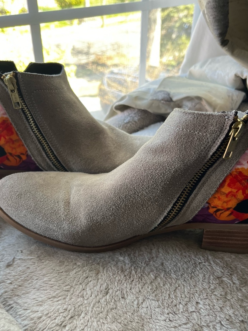 inkkas Taupe Suede Ankle Booties with Floral Block Heel